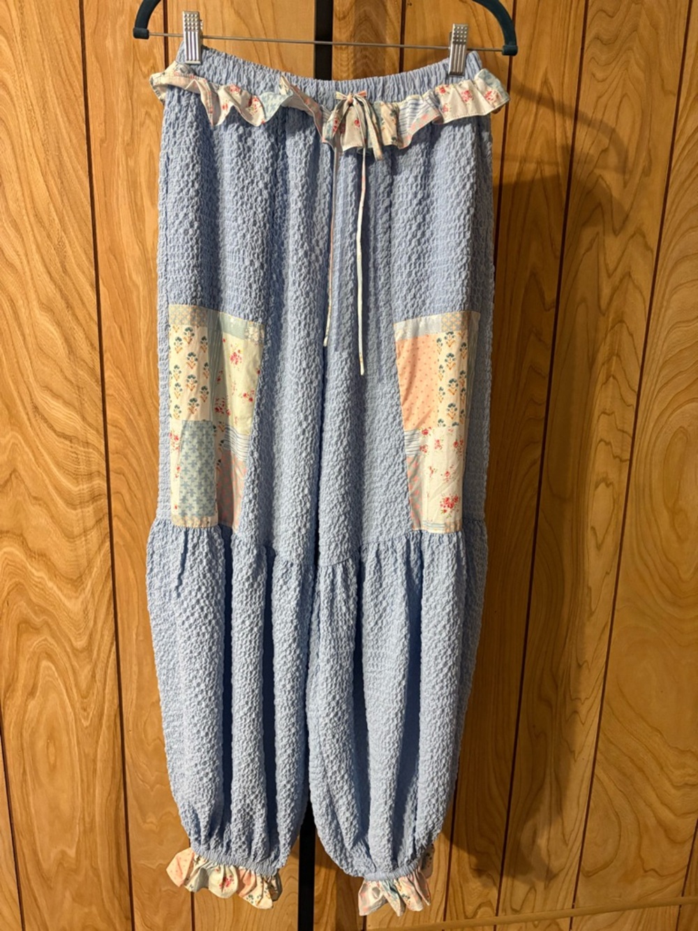 Anniewear Blue Textured Patchwork Boho Pants Size S NWOT Boutique